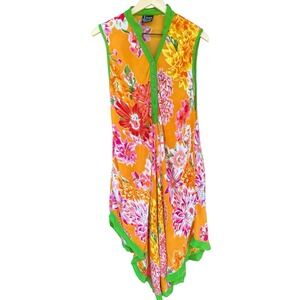 Jackpot Floral Dress Cover-Up OS Orange Green Mrs Roper High-Low Rayon Vtg Y2K